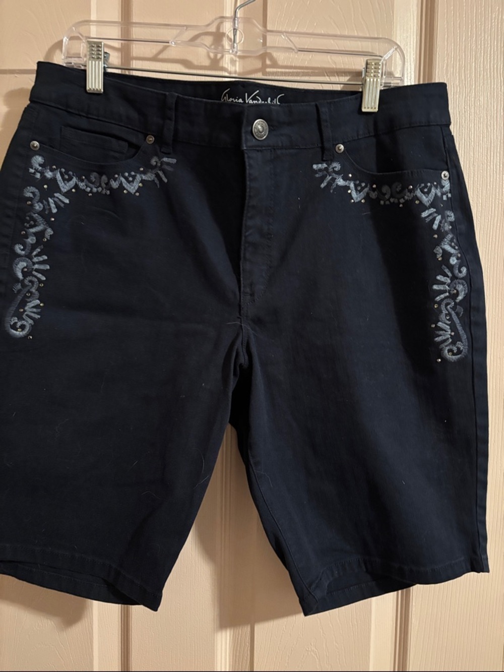 Gloria Vanderbilt dark navy womens Flat Front Shorts with Silver Embroidery